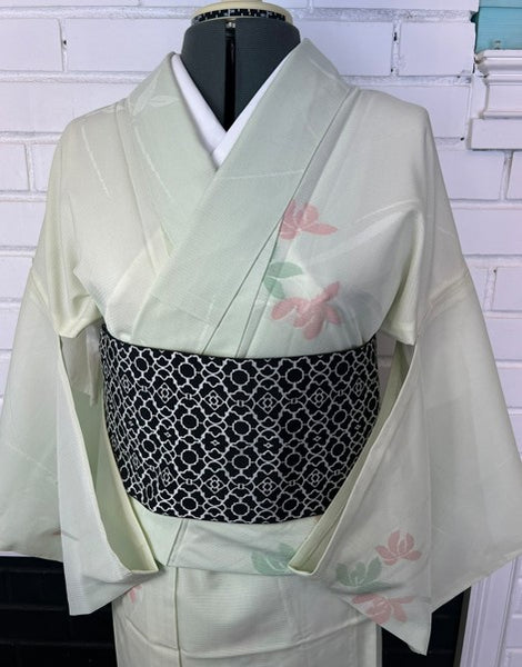 Vintage Japanese Ro Kimono – Pale Mint Green Silk with Pink & Sage Floral Motif | Summer Unlined Kimono
