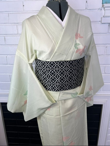 Vintage Japanese Ro Kimono – Pale Mint Green Silk with Pink & Sage Floral Motif | Summer Unlined Kimono