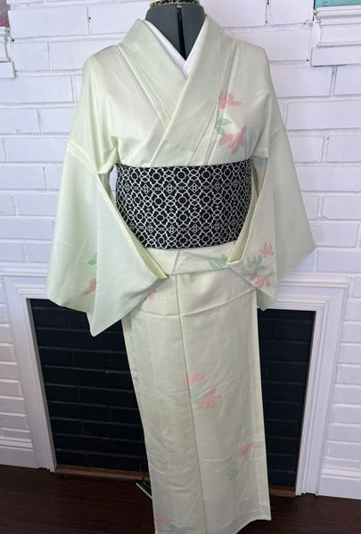Vintage Japanese Ro Kimono – Pale Mint Green Silk with Pink & Sage Floral Motif | Summer Unlined Kimono