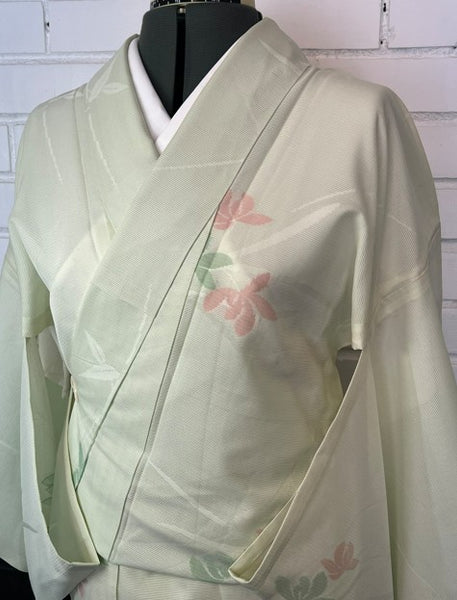 Vintage Japanese Ro Kimono – Pale Mint Green Silk with Pink & Sage Floral Motif | Summer Unlined Kimono