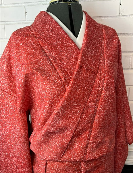 Vintage Japanese Awase Kimono – Deep Red with Scattered Floral & Snow Splash Pattern