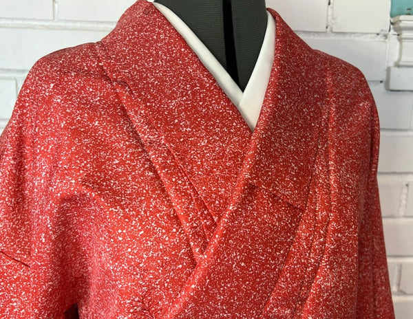Vintage Japanese Awase Kimono – Deep Red with Scattered Floral & Snow Splash Pattern