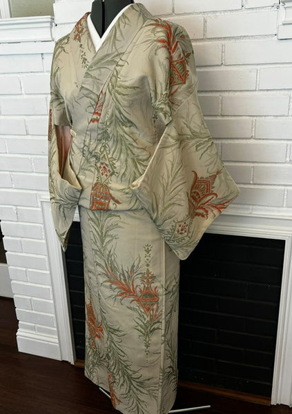 Japanese Vintage Awase Kimono – Botanical Lantern Motif, Pale Sage Green, Size: M
