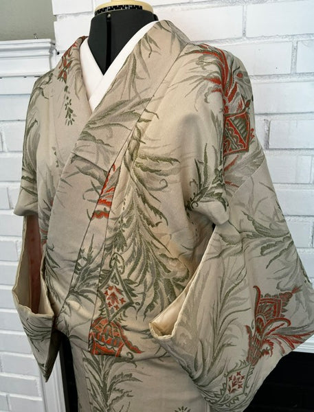 Japanese Vintage Awase Kimono – Botanical Lantern Motif, Pale Sage Green, Size: M