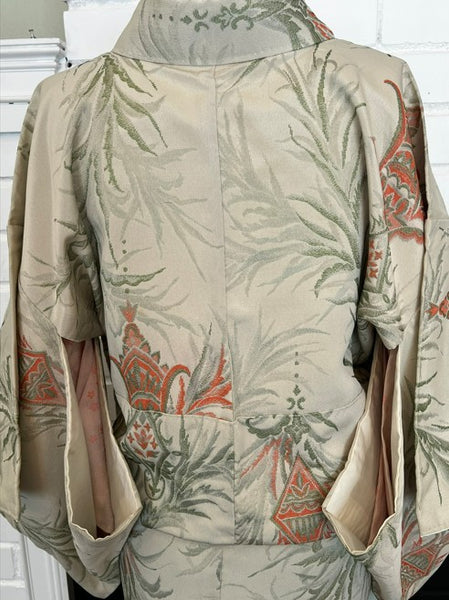 Japanese Vintage Awase Kimono – Botanical Lantern Motif, Pale Sage Green, Size: M