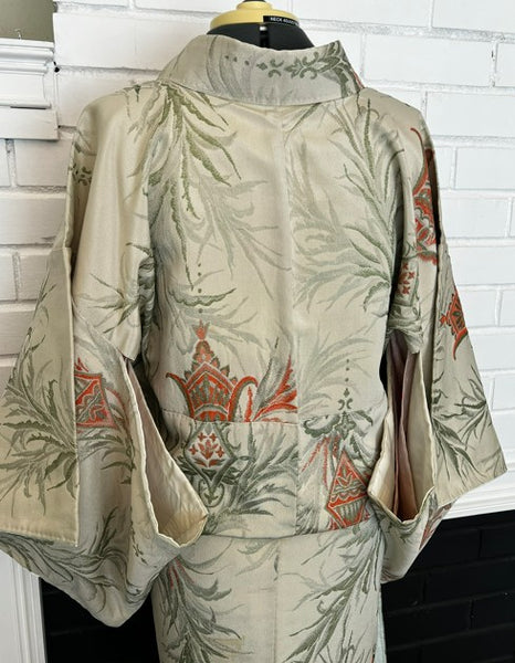 Japanese Vintage Awase Kimono – Botanical Lantern Motif, Pale Sage Green, Size: M