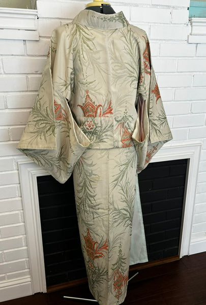 Japanese Vintage Awase Kimono – Botanical Lantern Motif, Pale Sage Green, Size: M