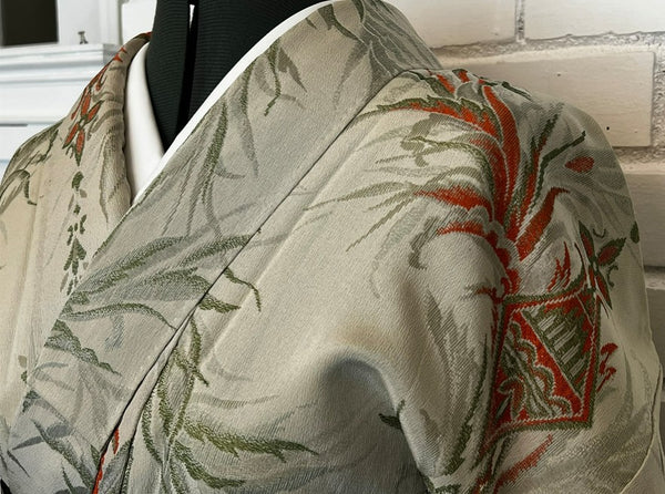 Japanese Vintage Awase Kimono – Botanical Lantern Motif, Pale Sage Green, Size: M