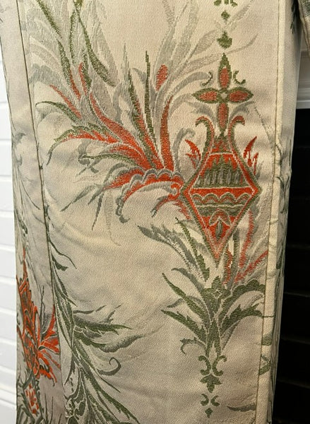 Japanese Vintage Awase Kimono – Botanical Lantern Motif, Pale Sage Green, Size: M
