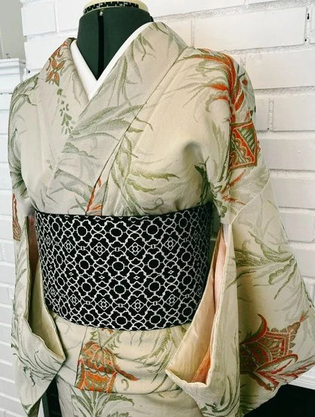 Japanese Vintage Awase Kimono – Botanical Lantern Motif, Pale Sage Green, Size: M