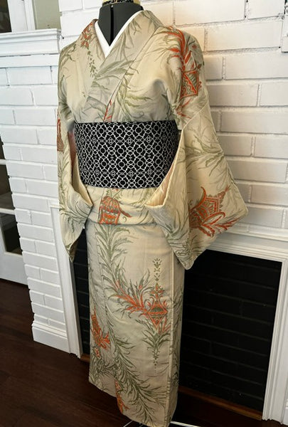 Japanese Vintage Awase Kimono – Botanical Lantern Motif, Pale Sage Green, Size: M
