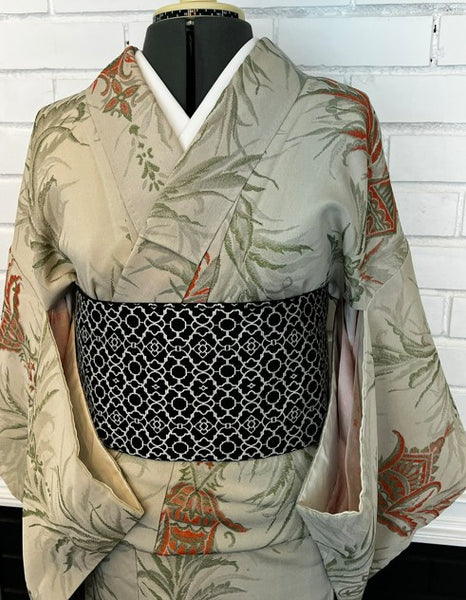 Japanese Vintage Awase Kimono – Botanical Lantern Motif, Pale Sage Green, Size: M