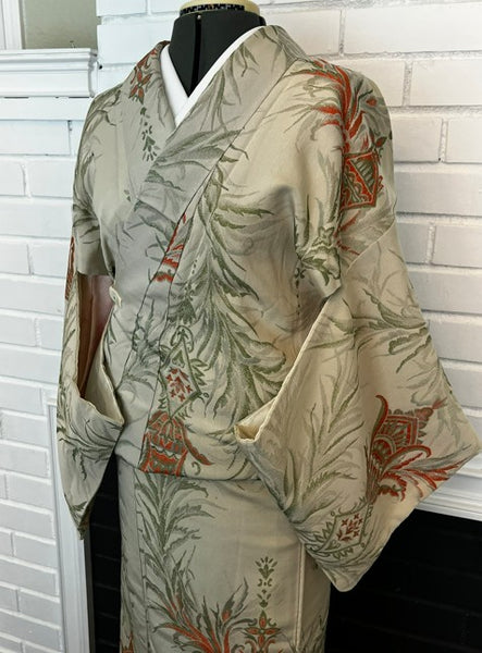 Japanese Vintage Awase Kimono – Botanical Lantern Motif, Pale Sage Green, Size: M