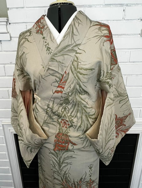 Japanese Vintage Awase Kimono – Botanical Lantern Motif, Pale Sage Green, Size: M