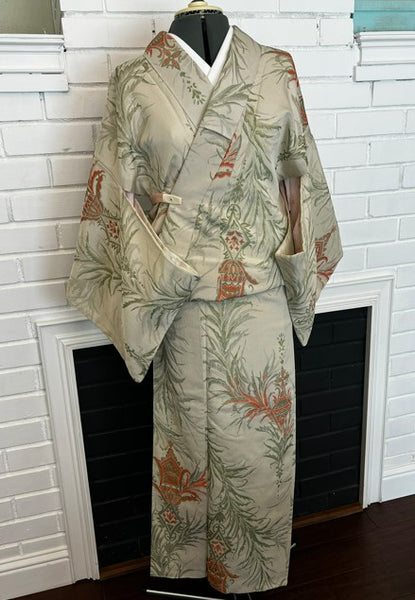 Japanese Vintage Awase Kimono – Botanical Lantern Motif, Pale Sage Green, Size: M