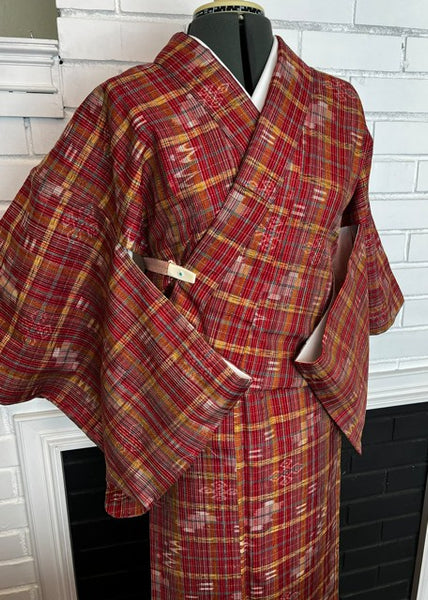 Japanese Vintage Awase Kimono – Red Plaid Check with Momen Kasuri Ikat Motifs, 100% Cotton Lined Kimono, Unworn