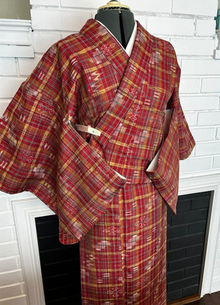 Japanese Vintage Awase Kimono – Red Plaid Check with Momen Kasuri Ikat Motifs, 100% Cotton Lined Kimono, Unworn