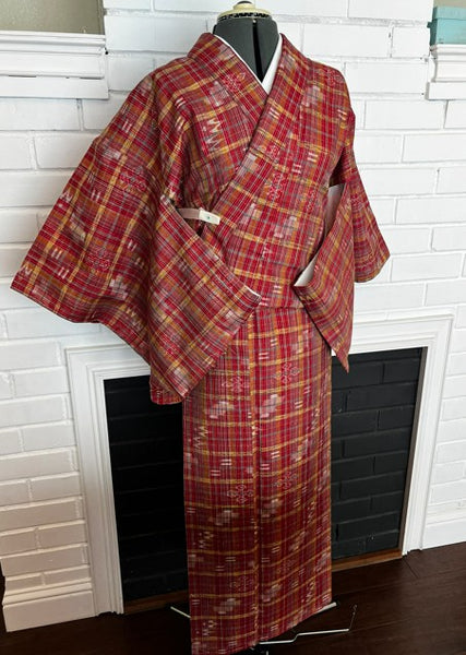 Japanese Vintage Awase Kimono – Red Plaid Check with Momen Kasuri Ikat Motifs, 100% Cotton Lined Kimono, Unworn