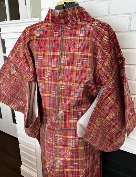 Japanese Vintage Awase Kimono – Red Plaid Check with Momen Kasuri Ikat Motifs, 100% Cotton Lined Kimono, Unworn