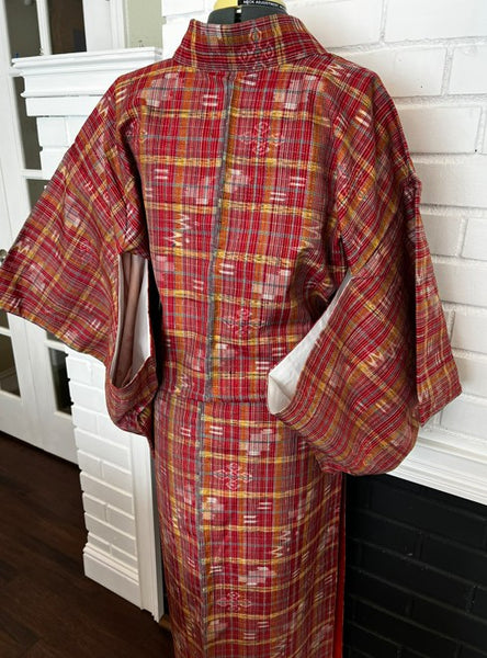 Japanese Vintage Awase Kimono – Red Plaid Check with Momen Kasuri Ikat Motifs, 100% Cotton Lined Kimono, Unworn