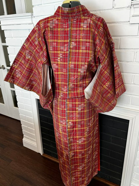 Japanese Vintage Awase Kimono – Red Plaid Check with Momen Kasuri Ikat Motifs, 100% Cotton Lined Kimono, Unworn