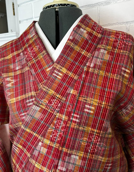 Japanese Vintage Awase Kimono – Red Plaid Check with Momen Kasuri Ikat Motifs, 100% Cotton Lined Kimono, Unworn
