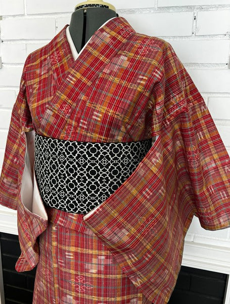 Japanese Vintage Awase Kimono – Red Plaid Check with Momen Kasuri Ikat Motifs, 100% Cotton Lined Kimono, Unworn