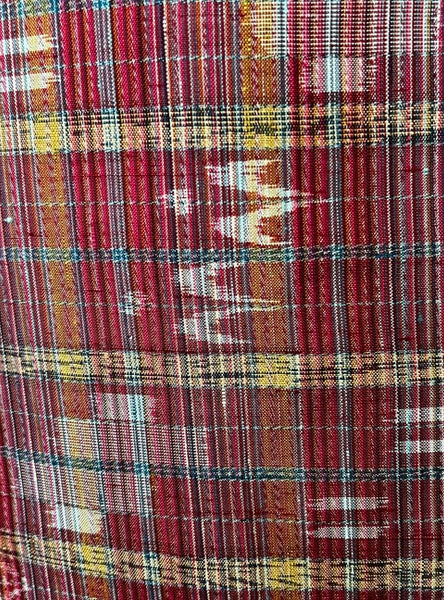 Japanese Vintage Awase Kimono – Red Plaid Check with Momen Kasuri Ikat Motifs, 100% Cotton Lined Kimono, Unworn