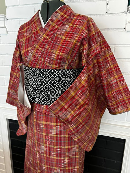 Japanese Vintage Awase Kimono – Red Plaid Check with Momen Kasuri Ikat Motifs, 100% Cotton Lined Kimono, Unworn