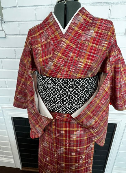 Japanese Vintage Awase Kimono – Red Plaid Check with Momen Kasuri Ikat Motifs, 100% Cotton Lined Kimono, Unworn