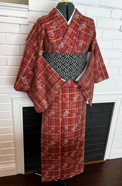Japanese Vintage Awase Kimono – Red Plaid Check with Momen Kasuri Ikat Motifs, 100% Cotton Lined Kimono, Unworn