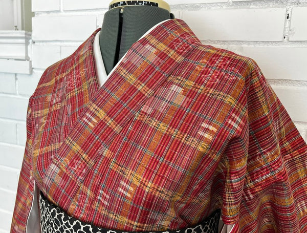 Japanese Vintage Awase Kimono – Red Plaid Check with Momen Kasuri Ikat Motifs, 100% Cotton Lined Kimono, Unworn