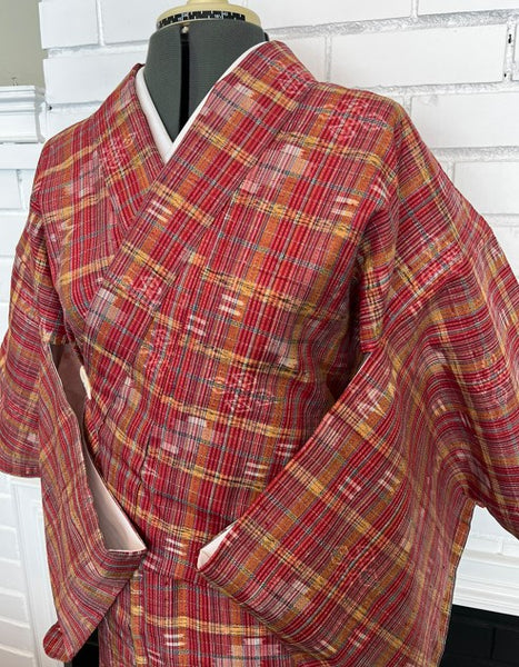 Japanese Vintage Awase Kimono – Red Plaid Check with Momen Kasuri Ikat Motifs, 100% Cotton Lined Kimono, Unworn