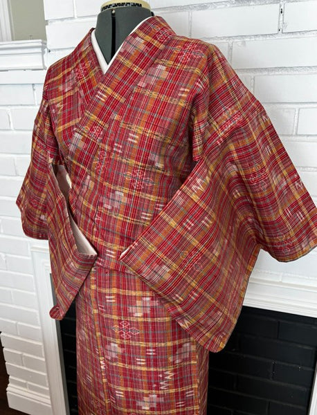 Japanese Vintage Awase Kimono – Red Plaid Check with Momen Kasuri Ikat Motifs, 100% Cotton Lined Kimono, Unworn
