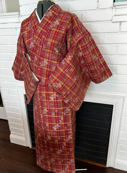 Japanese Vintage Awase Kimono – Red Plaid Check with Momen Kasuri Ikat Motifs, 100% Cotton Lined Kimono, Unworn