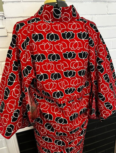 Japanese Vintage Hitoe Kimono – Red with Black & White Lotus Flower Print, 100% Cotton Unlined Kimono, Petite Size