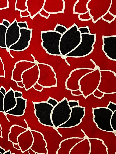 Japanese Vintage Hitoe Kimono – Red with Black & White Lotus Flower Print, 100% Cotton Unlined Kimono, Petite Size