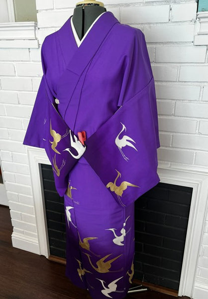 Japanese Vintage Awase Kimono – Vivid Purple with Gold & White Flying Cranes, Lined Kimono, Size S