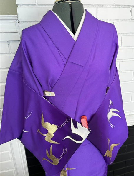Japanese Vintage Awase Kimono – Vivid Purple with Gold & White Flying Cranes, Lined Kimono, Size S