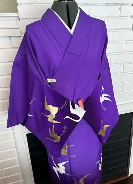 Japanese Vintage Awase Kimono – Vivid Purple with Gold & White Flying Cranes, Lined Kimono, Size S