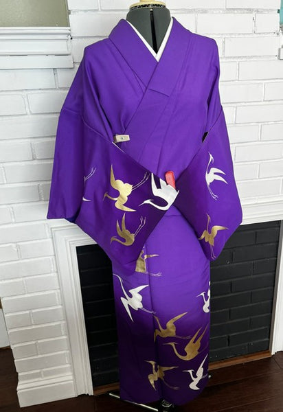 Japanese Vintage Awase Kimono – Vivid Purple with Gold & White Flying Cranes, Lined Kimono, Size S