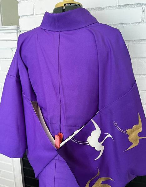 Japanese Vintage Awase Kimono – Vivid Purple with Gold & White Flying Cranes, Lined Kimono, Size S