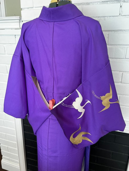 Japanese Vintage Awase Kimono – Vivid Purple with Gold & White Flying Cranes, Lined Kimono, Size S