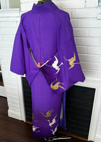 Japanese Vintage Awase Kimono – Vivid Purple with Gold & White Flying Cranes, Lined Kimono, Size S