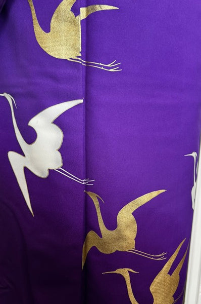 Japanese Vintage Awase Kimono – Vivid Purple with Gold & White Flying Cranes, Lined Kimono, Size S
