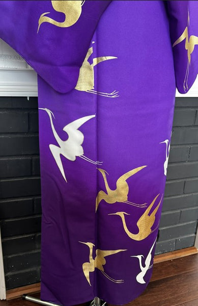 Japanese Vintage Awase Kimono – Vivid Purple with Gold & White Flying Cranes, Lined Kimono, Size S