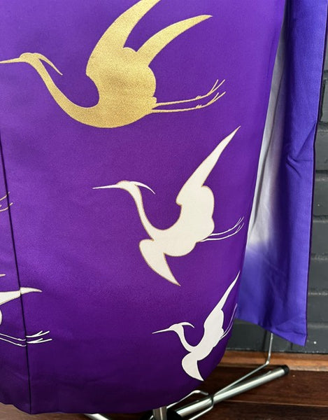 Japanese Vintage Awase Kimono – Vivid Purple with Gold & White Flying Cranes, Lined Kimono, Size S