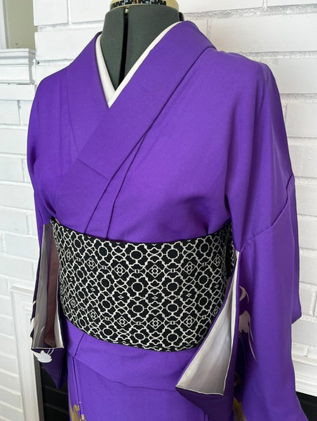 Japanese Vintage Awase Kimono – Vivid Purple with Gold & White Flying Cranes, Lined Kimono, Size S