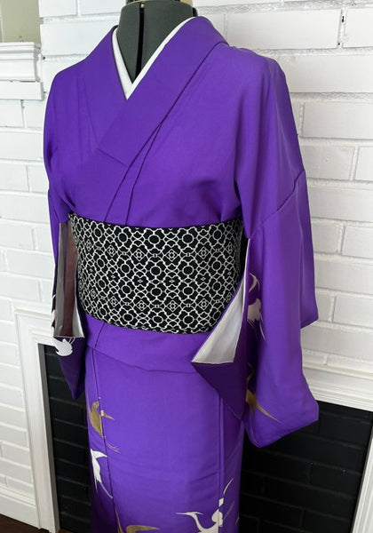 Japanese Vintage Awase Kimono – Vivid Purple with Gold & White Flying Cranes, Lined Kimono, Size S