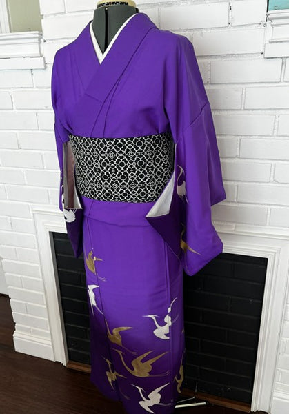 Japanese Vintage Awase Kimono – Vivid Purple with Gold & White Flying Cranes, Lined Kimono, Size S